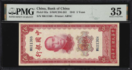 CHINA--REPUBLIC. Bank of China. 5 Yuan, 1941. P-92a. S/M#C294-261. PMG Choice Very Fine 35.
Serial number M611368. Vertical format, red and multicolo...
