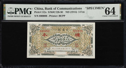 CHINA--REPUBLIC. Bank of Communications. 5 Fen, ND (1914). P-112s. S/M#C126-50. Specimen. PMG Choice Uncirculated 64.
Serial number 000000. Dark gree...