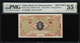 CHINA--REPUBLIC. Bank of Communications. 1 Choh (Chiao), ND (1914). P-113s. S/M#C126-51. Specimen. PMG About Uncirculated 55 EPQ.
Serial number 00000...