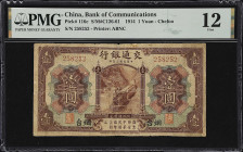 CHINA--REPUBLIC. Bank of Communications. 1 Yuan, 1914. P-116c. S/M#C126-61. PMG Fine 12.
Chefoo, serial number 258252. Brown and multicolour, steam p...