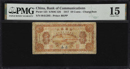 (t) CHINA--REPUBLIC. Bank of Communications. 10 Cents, 1917. P-123. S/M#C126. PMG Choice Fine 15.
Changchun, serial number 0541293. Orange, steamship...