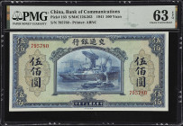 CHINA--REPUBLIC. Bank of Communications. 500 Yuan, 1941. P-163. S/M#C126-263. PMG Choice Uncirculated 63 EPQ.
Serial number 795780. Blue on light gre...