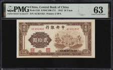 (t) CHINA--REPUBLIC. Central Bank of China. 20 Yuan, 1942. P-248. S/M#C300-174. PMG Choice Uncirculated 63.
Serial number AC951432. Brown, Fu Xing Gu...