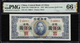 (t) CHINA--REPUBLIC. Central Bank of China. 500 Customs Gold Units, 1947. P-334. S/M#C301-23. PMG Gem Uncirculated 66 EPQ.
Serial number A/U 100811. ...