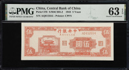 CHINA--REPUBLIC. Central Bank of China. 5 Yuan, 1945. P-376. S/M#C303-2. PMG Choice Uncirculated 63 EPQ.
Issued for the Nine Northeastern Provinces, ...