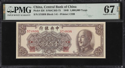 (t) CHINA--REPUBLIC. Central Bank of China. 1,000,000 Yuan, 1949. P-426. S/M#C302-75. PMG Superb Gem Uncirculated 67 EPQ.
Serial number 1-E 574898. B...