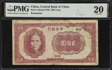(t) CHINA--REPUBLIC. Central Bank of China. 200 Yuan, 1944. P-Unlisted. Proof of an Unissued Type. PMG Very Fine 20.
An extremely rare, an possibly u...