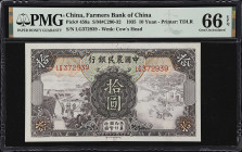 (t) CHINA--REPUBLIC. Farmers Bank of China. 10 Yuan, 1935. P-459a. S/M#C290-32. PMG Gem Uncirculated 66 EPQ.
Printed by TDLR. Watermark of Cows Head....