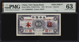 CHINA--REPUBLIC. Tah Chung Bank. 50 Cents, 1921. P-553bs. S/M#T12-3a. Specimen. PMG Choice Uncirculated 63.
Tientsin, serial number T0000000X. Purple...