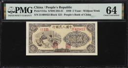 (t) CHINA--PEOPLE'S REPUBLIC. Peoples Bank of China. 5 Yuan, 1949. P-813a. S/M#C282-21. PMG Choice Uncirculated 64.
Serial number 31409423. Without W...