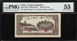 (t) CHINA--PEOPLE'S REPUBLIC. Peoples Bank of China. 20 Yuan, 1949. P-819a. S/M#C282-31. PMG About Uncirculated 55.
Serial number 444511. Brown Liu H...