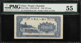 (t) CHINA--PEOPLE'S REPUBLIC. Peoples Bank of China. 20 Yuan, 1949. P-820a. S/M#C282-30. PMG About Uncirculated 55.
Serial number 679349. Blue Liu He...