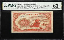 (t) CHINA--PEOPLE'S REPUBLIC. Peoples Bank of China. 100 Yuan, 1949. P-831b. S/M#C282-43. PMG Choice Uncirculated 63.
Serial number 50310217. Red Shi...