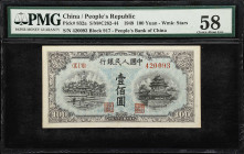 (t) CHINA--PEOPLE'S REPUBLIC. Peoples Bank of China. 100 Yuan, 1949. P-832a. S/M#C282-44. PMG Choice About Uncirculated 58.
Serial number 420093. Blu...
