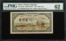 (t) CHINA--PEOPLE'S REPUBLIC. Peoples Bank of China. 1000 Yuan, 1949. P-849a. S/M#C282-60. PMG Uncirculated 62.
Serial number 55540091, Autumn Harves...