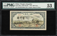 (t) CHINA--PEOPLE'S REPUBLIC. Peoples Bank of China. 1000 Yuan, 1949. P-849a. S/M#C282-60. PMG About Uncirculated 53.
Serial number 57518376, Autumn ...