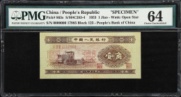 (t) CHINA--PEOPLE'S REPUBLIC. Peoples Bank of China. 1 Jiao, 1953. P-863s. S/M#C283-4. Specimen. PMG Choice Uncirculated 64.
Control number 17985. A ...