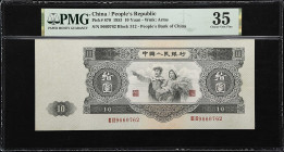 (t) CHINA--PEOPLE'S REPUBLIC. Peoples Bank of China. 10 Yuan, 1953. P-870. PMG Choice Very Fine 35.
Serial number III I II 9660762. Black and pale or...