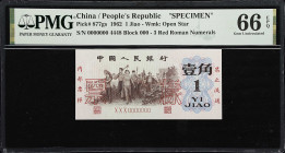 (t) CHINA--PEOPLE'S REPUBLIC. Peoples Bank of China. 1 Jiao, 1962. P-877gs. Specimen. PMG Gem Uncirculated 66 EPQ.
Serial number XXX 0000000 specimen...