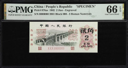 (t) CHINA--PEOPLE'S REPUBLIC. Peoples Bank of China. 2 Jiao, 1962. P-878as. Specimen. PMG Gem Uncirculated 66 EPQ.
Serial number XXX 0000000, specime...