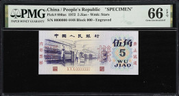 (t) CHINA--PEOPLE'S REPUBLIC. Peoples Bank of China. 5 Jiao, 1972. P-880as. Specimen. PMG Gem Uncirculated 66 EPQ.
Serial number XXX0000000, specimen...