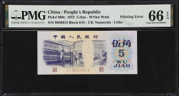 (t) CHINA--PEOPLE'S REPUBLIC. People's Bank of China. 5 Jiao, 1972. P-880c. Printing Error. PMG Gem Uncirculated 66 EPQ.
Serial number X I VIII 90389...
