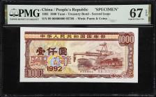 (t) CHINA--PEOPLE'S REPUBLIC. Peoples Bank of China. 1000 Yuan, 1992. P-Unlisted. Specimen. PMG Superb Gem Uncirculated 67 EPQ.
Serial number IX IX 0...