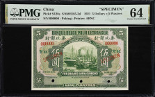 (t) CHINA--FOREIGN BANKS. Banque Belge Pour l'Etranger. 5 Dollars = 5 Piastres, 1921. P-S128s. S/M#H185-2d. Specimen. PMG Choice Uncirculated 64.
Pek...