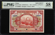 (t) CHINA--FOREIGN BANKS. Banque Belge Pour l'Etranger. 5 Dollars = 5 Piastres, 1921. P-S136s. S/M#H185-2a. Specimen. PMG Choice About Uncirculated 58...