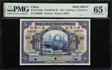 (t) CHINA--FOREIGN BANKS. Banque Belge Pour l'Etranger. 5 Dollars = 5 Piastres, 1921. P-S146s. S/M#H185-2b. Specimen. PMG Gem Uncirculated 65 EPQ.
Ti...