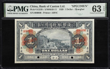 (t) CHINA--FOREIGN BANKS. Bank of Canton Limited. 1 Dollar, 1920. P-S153Fs. S/M#K63-11. Specimen. PMG Choice Uncirculated 63 EPQ.
Shanghai, serial nu...