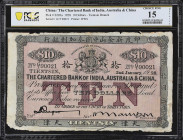 CHINA--FOREIGN BANKS. Chartered Bank of India, Australia & China. 10 Dollars, 1928. P-S203a. PCGS Banknote Choice Fine 15 Details. Pieces Added, Edge ...