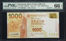 (t) HONG KONG. Bank of China (Hong Kong) Ltd.. 1000 Dollars, 2013. P-Unlisted. KNB16d. Solid Number 6. PMG Gem Uncirculated 66 EPQ.
Serial number DB6...