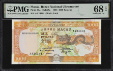 MACAU. Banco Nacional Ultramarino. 1000 Patacas, 1988. P-63a. KNB57a. PMG Superb Gem Uncirculated 68 EPQ.
Serial number AA241141. A superb gem exampl...