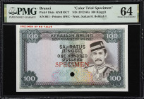 BRUNEI. Government of Brunei. 100 Ringgit, ND (1972-88). P-10cts. KNB10CT. Color Trial Specimen. PMG Choice Uncirculated 64.
Printed by BWC. Color tr...