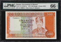 BRUNEI. Lot of (2). Government of Brunei. 500 & 1000 Ringgit, 1979. P-11a & 12a. KNB11a & KNB12a. Matching Low Serial Numbers. PMG Choice Uncirculated...