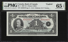 CANADA. Bank of Canada. 1 Dollar, 1935. BC-1. English. PMG Gem Uncirculated 65 EPQ.
Serial number A5823473. George V at left, signed by Osborne-Tower...