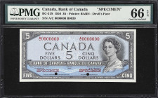 CANADA. Bank of Canada. 5 Dollars, 1954. BC-31S. Specimen. PMG Gem Uncirculated 66 EPQ.
Serial number A/C0000000, specimen number B0039. Black and bl...