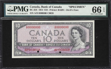 CANADA. Bank of Canada. 10 Dollars, 1954. BC-32S. Specimen. PMG Gem Uncirculated 66 EPQ.
Serial number A/D0000000, specimen number C0039. Black and p...