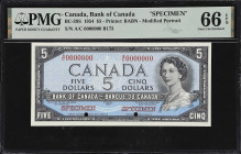 CANADA. Bank of Canada. 5 Dollars, 1954. BC-39S. Specimen. PMG Gem Uncirculated 66 EPQ.
Serial number A/C 0000000. Black and blue, modified portrait ...