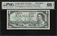 CANADA. Bank of Canada. 1 Dollar, 1967. BC-45bS. Specimen. PMG Gem Uncirculated 66 EPQ.
Serial number I/P 0000000. A gem example of this Centennial s...