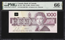 CANADA. Bank of Canada. 1000 Dollars, 1988. BC-61b. PMG Gem Uncirculated 66 EPQ.
Serial number EKA2097496. Purple, Queen Elizabeth at right, signed b...