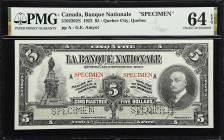 CANADA. Lot of (5). Banque Nationale. 5, 10, 20, 50 & 100 Dollars, 1922. P-Various. Specimens. PMG Choice Uncirculated 63 EPQ to Gem Uncirculated 65 E...