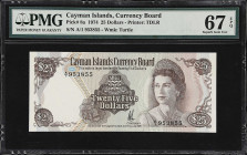 CAYMAN ISLANDS. Cayman Islands Currency Board. 25 Dollars, 1974. P-8a. PMG Superb Gem Uncirculated 67 EPQ.
Serial number A/1 953855. The HIGHEST GRAD...