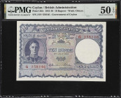 CEYLON. Government of Ceylon. 10 Rupees, 1944. P-36A. PMG About Uncirculated 50 EPQ.
Serial number J/19 158146. Purple-blue, George VI at left. A lig...