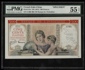 FRENCH INDO-CHINA. Banque de L'Indo-Chine. 500 Piastres, ND (1951). P-83s. Specimen. PMG About Uncirculated 55 EPQ.
Serial number O.000 000. Multicol...