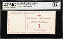 GREENLAND. Gronlands Administration. 1 Skilling, ND (1941). P-M5. PMG Superb Gem Uncirculated 67 EPQ.
An impressive original example of this 1 Skilli...