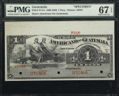 GUATEMALA. Banco Americano de Guatemala. 1 Peso, ND (1895-1920). P-S111s. Specimen. PMG Superb Gem Uncirculated 67 EPQ.
Serial number 000000. Black, ...