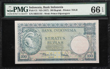 INDONESIA. Bank Indonesia. 100 Rupiah, ND (1957). P-51. PMG Gem Uncirculated 66 EPQ.
Serial number HR55135. Grey-green, squirrel at left.

Estimate...