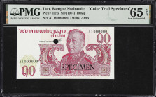 LAOS. Banque Nationale du Laos. 10 Kip, ND (1974). P-15cts. Color Trial Specimen. PMG Gem Uncirculated 65 EPQ.
A reddish/purple colored Color Trial S...